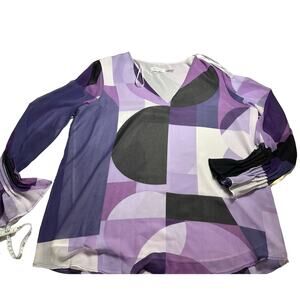 Calvin Klein women L white purple lavender abstract sleeve floral blouse shirt